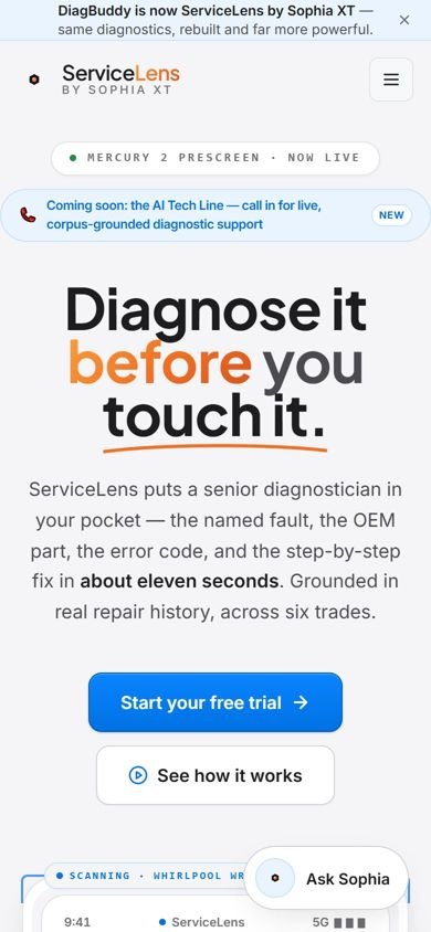 The public ServiceLens / DiagBuddyGO site on a phone