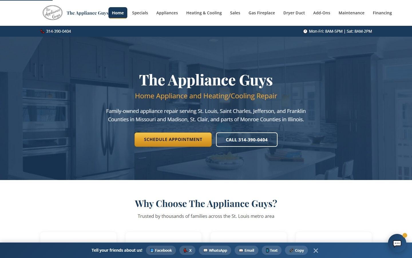 The Appliance Guys website on a laptop