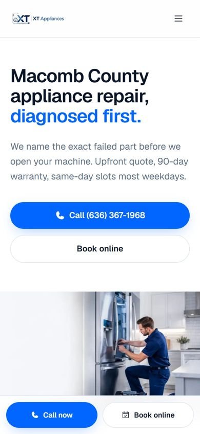 XT Appliances website on a phone